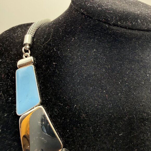 Blue & Silver Geometric Statement Necklace Chunky Modern Panels - Picture 4 of 9